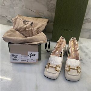 Gucci Women's Cream Slingback Shoes with Gold Horse bit detail